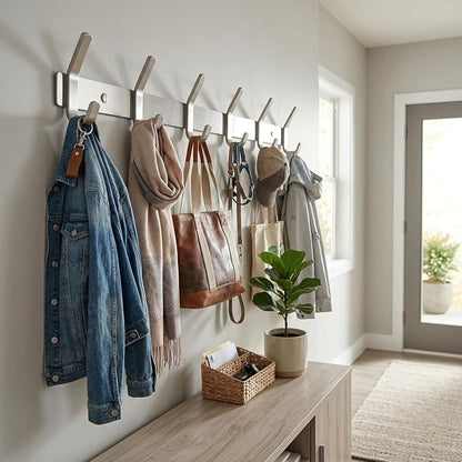 Coat Rack Wall Mount – Brushed Nickel 17 Inch Stainless Steel Hook Rail with 6 Heavy Duty Double Coat Hooks – Wall Mounted Coat Hanger for Entryway, Bathroom, Bedroom, Towel, Hat Organizer - 2 Pack