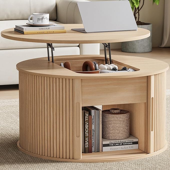 LINSY Lift Top Coffee Table, Round Fluted Coffee Table with Storage, Boho Wooden Coffee Tables with Sliding Tambour Door, 31.5" Center Table for Living Room, Office, Small Space, Natural Oak