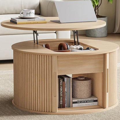 LINSY Lift Top Coffee Table, Round Fluted Coffee Table with Storage, Boho Wooden Coffee Tables with Sliding Tambour Door, 31.5" Center Table for Living Room, Office, Small Space, Natural Oak