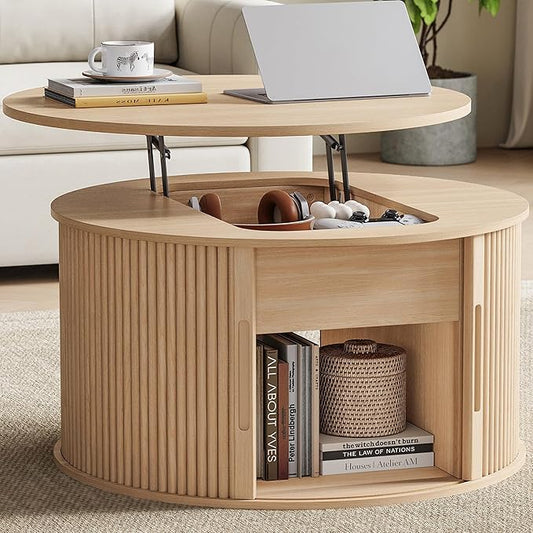 LINSY Lift Top Coffee Table, Round Fluted Coffee Table with Storage, Boho Wooden Coffee Tables with Sliding Tambour Door, 31.5" Center Table for Living Room, Office, Small Space, Natural Oak
