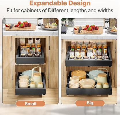 2 Pack Pull out Cabinet Organizer, Width (12"-19") Depth (17"-23"), with 3 Rails Adjustable Slide, Expandable Pullout Drawers for Cabinets, No Drill Adhesive Kitchen Drawers for Pantry Shelves