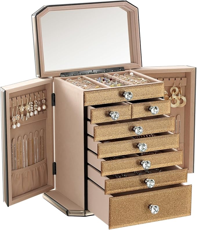 Large High End Glass Jewelry Box - 7 Layer Jewelry Organizer with Mirror, 2-Sided Doors, Velvet-Lined Storage for Rings, Necklaces, Earrings, Bracelets - Christmas Gift for Women