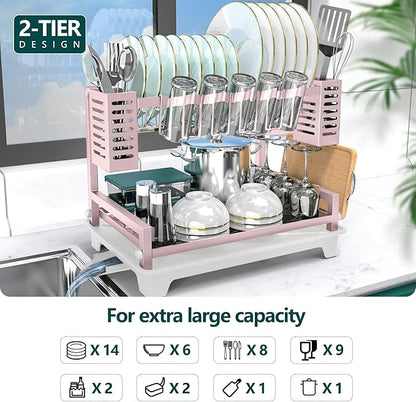B-Land Dish Drying Rack, 2 Tier Dish Racks for Kitchen Counter, Large Dish Drying Rack with Drainboard & Utensil Holders, Rust-Proof Dish Drainers,Kitchen Organization