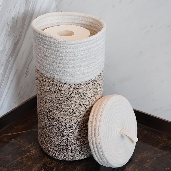 Toilet Paper Holder Handmade – Woven Cotton Toilet Paper Stand & Storage Basket with Lid, Freestanding Organizer for Bathroom, Fits 3 Mega Rolls Gradient Brown 14'' x 7''