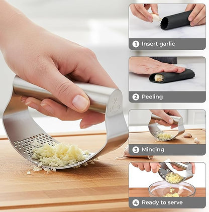 Zulay Kitchen Stainless Steel Garlic Press Rocker Set - Time Saving, Durable Strong Garlic Mincer Tool - Easy to Use & Clean Garlic Crusher Set with Peeler and Scraper Kitchen Gadget Smasher