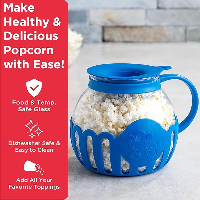 Ecolution Patented Micro-Pop Microwave Popcorn Popper with Temperature Safe Glass,3-in-1 Lid Measures Kernels and Melts Butter,Made Without BPA,Dishwasher Safe,3-Quart,Blue,(Pack of 4)