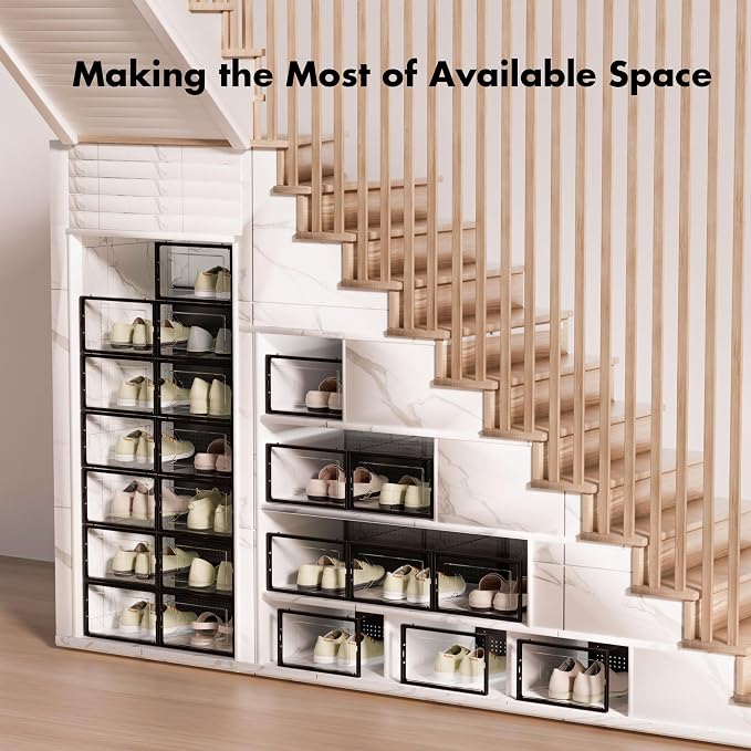 Foluck 15 Pack Shoe Storage Organizer Box Container Clear Plastic Stackable | Interlocking Design, Sturdy Dustproof Breathable, Fits Men's Size 9 Women's Size 10, for Closet Entryway Under Bed