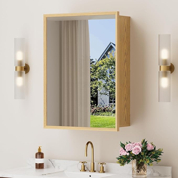 16x24 Inch Wood Medicine Cabinet with Mirror, Surface or Recessed Mounted Bathroom Cabinets with Adjustable Shelves, Soft-Close Hinges, Wall Mounted Cabinet for Storage, Oak-Grain
