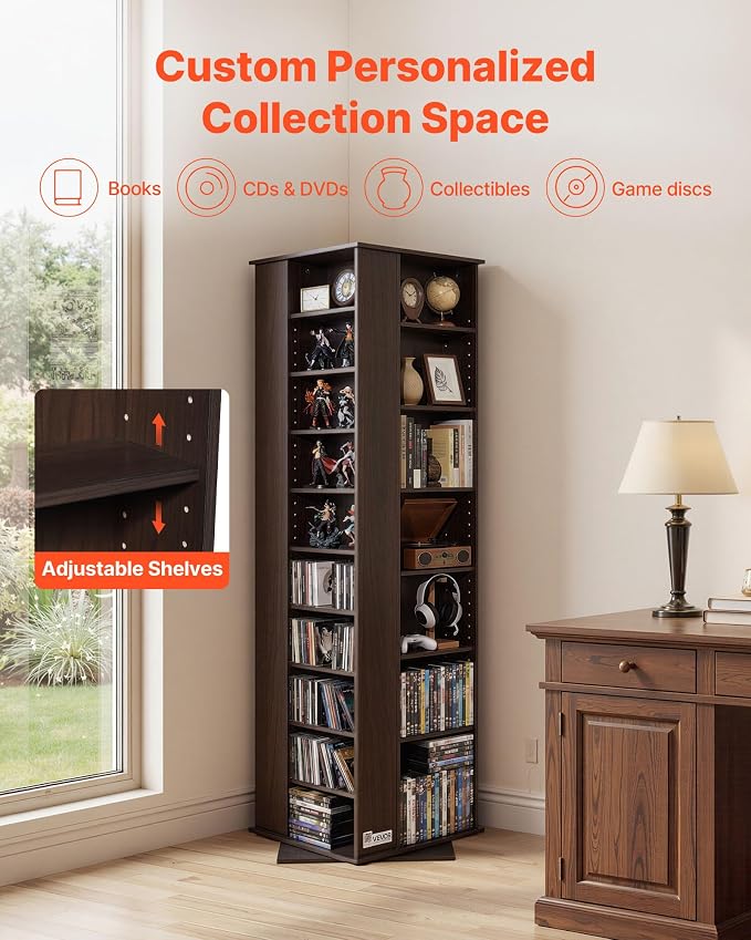 VEVOR Media Storage Cabinet, CD Rack Tower, 34 Compartments Rotating Media Tower Rack for CDs, DVDs, Books and Game Discs, DVD Stand for Living Room, Home Office and Recording Room, Brown
