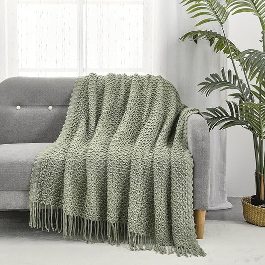 CREVENT Farmhouse Boho Knitted Throw Blanket for Couch Sofa Chair Bed Home Decoration, Soft Warm Cozy Light Weight for Spring Summer Fall (60''X80'' Sage Green)