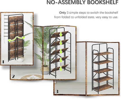 4NM No Assembly Folding Bookshelf, 5 Tiers Collapsible Book Shelves Open Industrial Foldable Storage Bookcase Shelf for Bedroom, Living Room, Home Office - Rustic Brown and Black