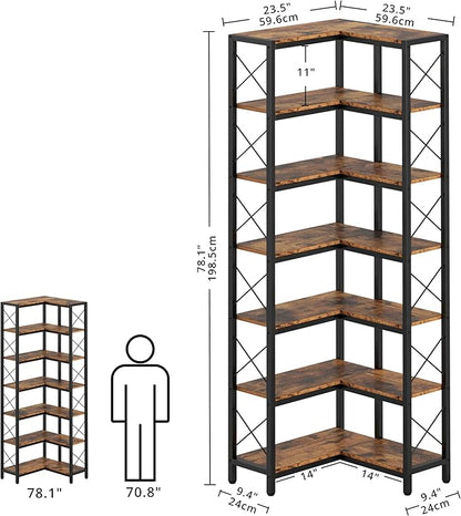 IRONCK Corner Bookshelf, 7-Tier Industrial Corner Bookcase, Tall Corner Shelf Storage Display Rack with Metal Frame for Living Room Home Office, Vintage Brown