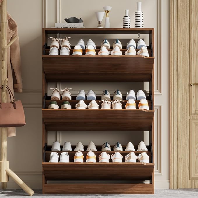 Xixini Shoe Storage Cabinet for Entryway with 3 Flip Drawers, Sturdy Wood Hidden Shoe Storage, Freestanding Narrow Slim Shoe Organizer for Front Door Entrance, Living Room, Hallway, Bedroom, Walnut