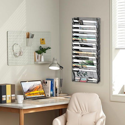 EasyPAG Wall File Holder 14 Tier Mesh Hanging Folder Organizer with Flat Tray Wall Mounted Mail Organizer Magazine Paper Desk Shelf with Nametag Label for Office Home School, Black