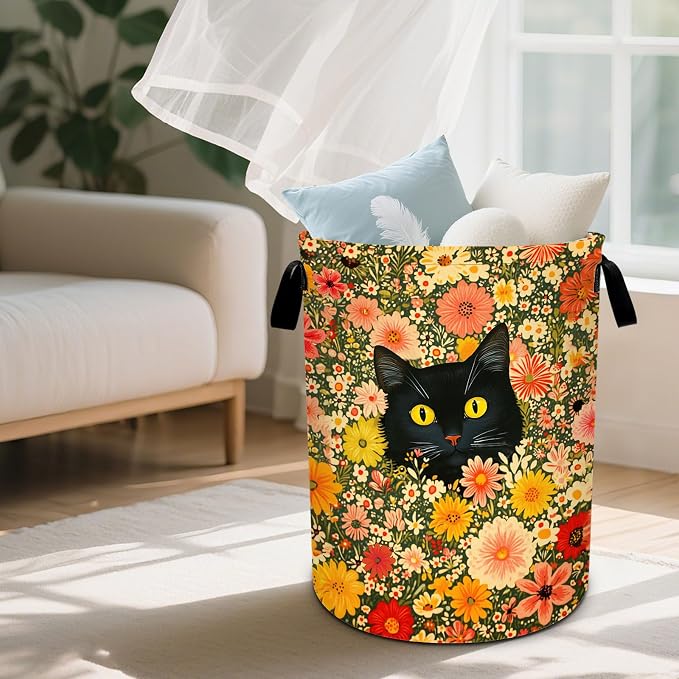 Cat Flower Laundry Basket Waterproof Laundry Hamper Foldable Laundry Bag with Handles for Bedroom, Bathroom, Office, Clothes Storage