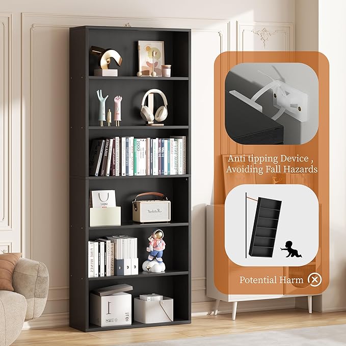 Vongrasig 6-Tier Open Bookcase and Bookshelf, Floor Standing Wood Display Storage Shelves 71 Inch Tall Bookcase Home Decor Furniture for Home Office, Living Room, Bed Room, Black, 2 Pieces