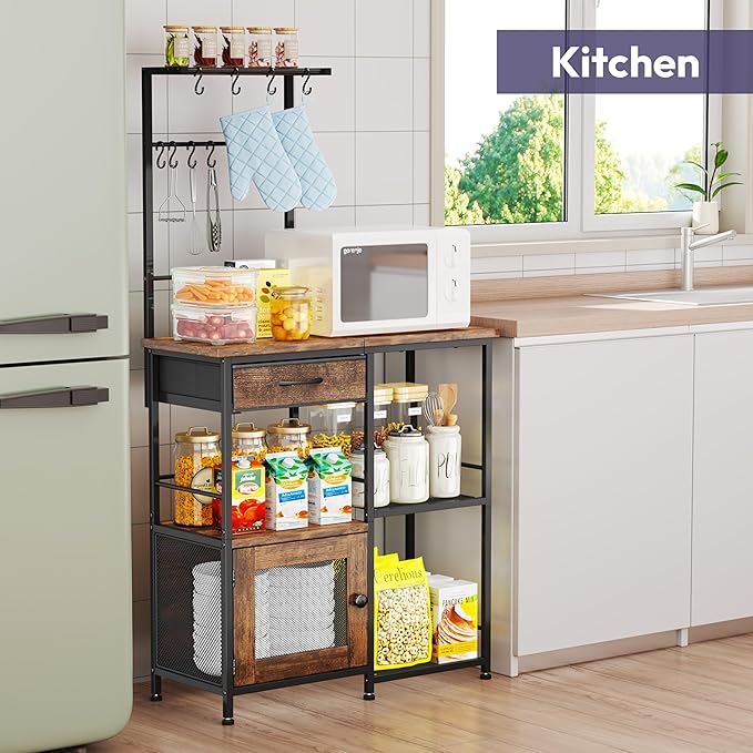 SWTYMIKI Coffee Bar with Hanging Rack - Farmhouse Coffee Stand Station Multi-Purpose Buffet Sideboard Cabinet with Drawers - Kitchen Bar Table for Living Room, Corner, Small Space, Espresso