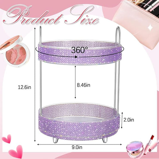 Honeydak 360 Rotating Perfume Organizer Gift for Women, Rhinestone Preppy Skincare Organizer Bathroom Counter Makeup Holder Skincare and Perfume Storage for Cosmetic(2 Tiers,Pearl,Purple)