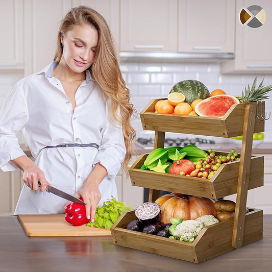 Hellojin 3 Tier Fruit Basket For Counter, Large Capacity Fruit Storage Countertop, Fruit Holder, Wooden Pantry Organizers and Storage, Kitchen Countertop Organizer With Two Banana Hangers (Walnut)