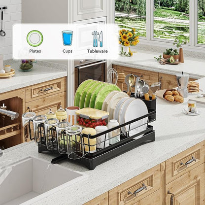 Ekisemio Dish Drying Rack with Cutlery Holder & Drip Tray, Black 12"x15.7" | Ekisemio Dish Drying Rack | Cutlery Holder & Drip Tray | Space Saving | Fast Drainage | Tool-Free | Anti-Slip Feet