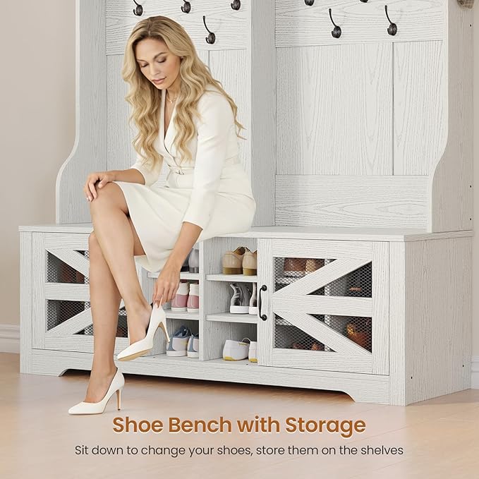 Itaar Hall Tree with Bench and Shoe Storage, 5-in-1 Entryway Bench with Coat Rack, 16 Shoe Cubbies & 12 Coat Hooks, Barn Door & Adjustable Shelf (Embossed White)