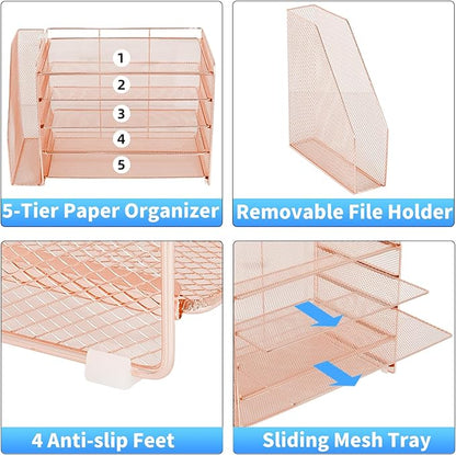 OPNICE Desk Organizer, 5-Tier Paper Organizer Letter Tray with Magazine Holder, Office Desk Accessories & Workspace Organizers, Desktop File Organizer for Office Supplies Storage, Rose Gold