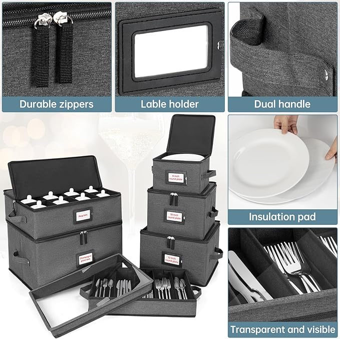 ANILD China Storage Containers 6-Piece Set, Hard Shell Box Moving Dishes, Plates, Wine and Glasses, Dinnerware, Mugs, Saucers, Ideal for Kitchen Organization