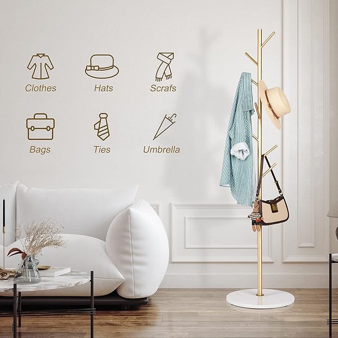 ZOZOE Metal Coat Rack Freestanding, Golden Coat Racks with Heavy Duty Natural Marble Base, Modern Stable Coat Tree Stand with 8 Hooks, Coat Tree Hanger Stand for Bags, Hats, Entryway, Office