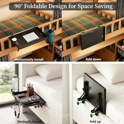 Foldable Bedside Shelf for Dorm Bunk Bed,Heavy Duty Metal Clip-On Bed Table Tray College Dorm Room Essentials,Bed Side Caddy Nightstand Alternative Organizer with Hooks&Removable Cup Holder Black