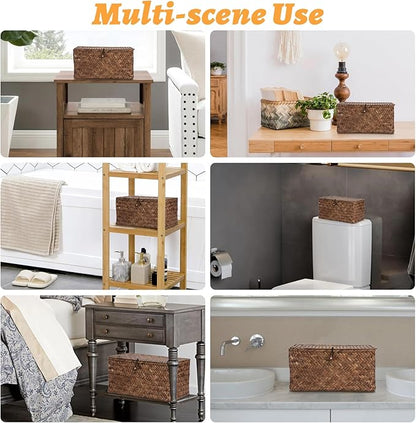 Sumnacon Wicker Basket with Lid Rectangle Woven Baskets for Toiletries Tampon Storage,Wicker Storage Basket with Lid,Decorative Seagrass Storage Baskets for Shelf Bathroom Toilet Table, Coffee