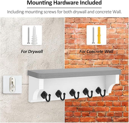 Nekon Key Holder for Wall, 11.8" W x 3.5" H x 2.8" D Decorative Key Organizer with Floating Shelf, Wall Mount Key Rack with 5 Hooks (Gray)