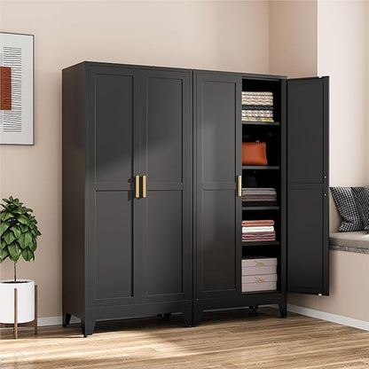 COFaR Black Metal Wardrobe Closet, Reversible 2-Section Design with Hanging Rod & Adjustable Shelves, 71" Freestanding Armoire Cabinet with Top Storage Space