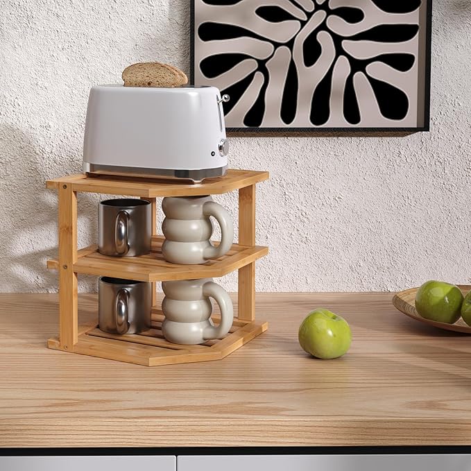 3 Tier Bamboo Corner Shelf,Dish Drying Rack,Plate Organizer,Kitchen Spice Rack for Countertop and Cabinet