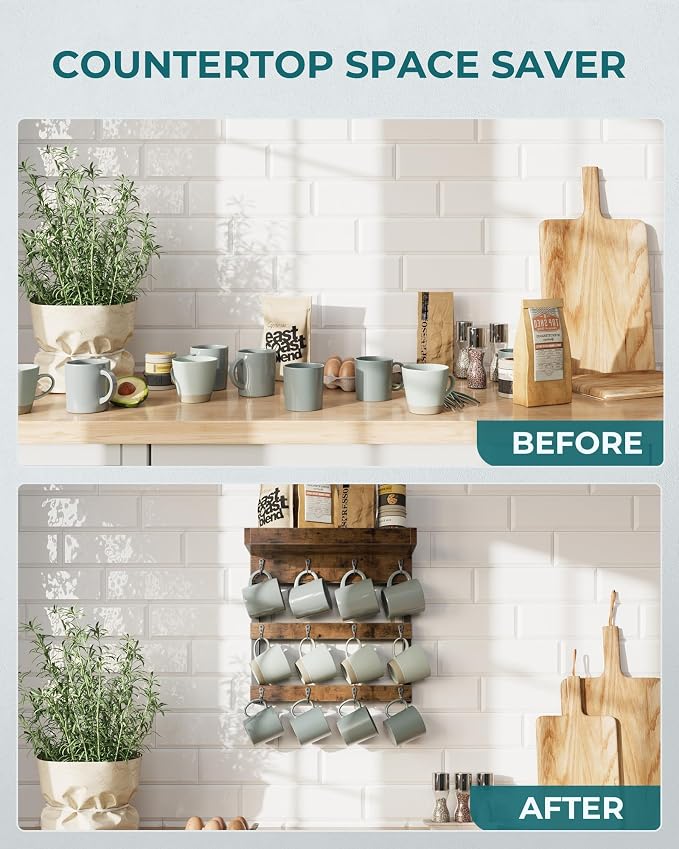 OROPY Coffee Mug Rack Wall Mounted, Rustic Wood Cups Rack with 12 Hooks and Storage Shelf, for Home Kitchen Display and Collection (Rustic Brown)
