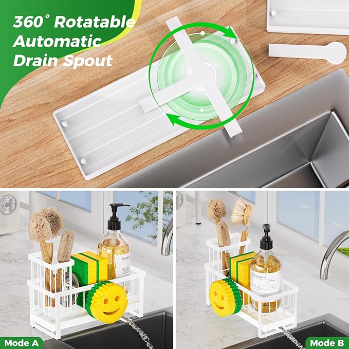 Taugast Sponge Holder for Kitchen Sink,Sink Caddy with Removable Dish Brush Holder,Self-Draining Kitchen Countertop Organizers and Storage Essentials,Soap Dispenser Organize and Home Decor-White