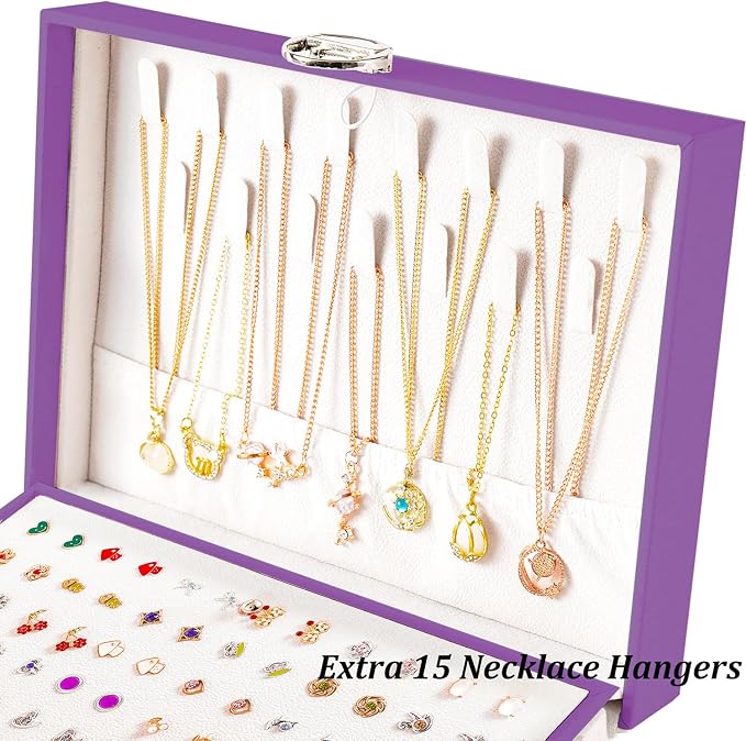 QBestry Earrings Jewelry Box for Girls, 5 Layers Jewelry Organizer with Earring Holder Organizer for Girls Earring Organizer Jewelry Boxes for Women Earrings and Necklaces Jewelry Box Organizer Purple