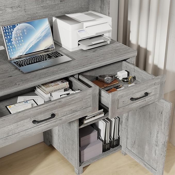 Vabches Farmhouse 61'' Executive Desk with 5 Drawers, Rustic Office Desk Computer Desk with Charging Station, File Drawers and Storage Cabinet, Wood Workstation for Home Office and Study,Grey.