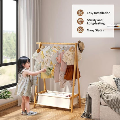 FILWH Bamboo Clothes Rack with Storage Box Foldable Garment Holder Coat Rack Freestanding Coat Stand Child Clothing Stand for Hanging Coat Dress up Racks (Natural, Small)