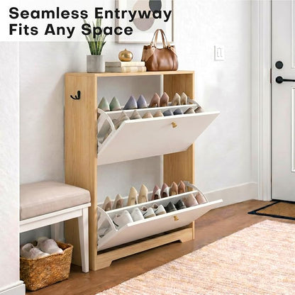 Nicetree Shoe Cabinet with 2 Flip Drawers, Narrow Shoe Organizer Cabinet, Freestanding Shoe Rack Cabinet, Modern Shoe Storage Cabinet for Entryway, Hallway, Foyer, Natural Oak and White with Hook