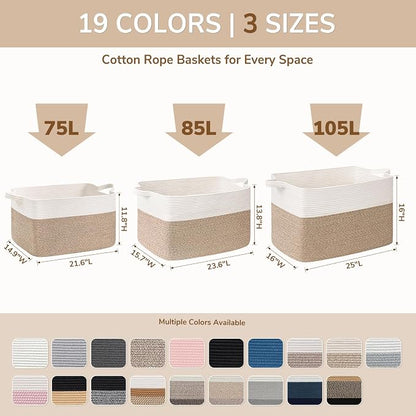 Goodpick Large Woven Blanket Basket 21.6" x 14.9" x 11.8" Storage Baskets for Organizing, Cotton Rope Basket for Home Decor Living Room Nursery, Toy Baskets Storage Kids, White & Camel Mix