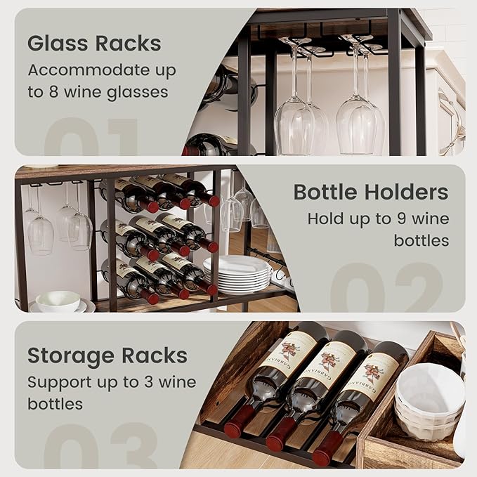 Giantex Bar Cart, 3 Tier Home Serving Cart on Wheels, Glass Racks, 12 Wine Holders, 8 Hooks & Storage Boxes, Industrial Rolling Beverage Cart for Coffee Bar, Kitchen, Dining Room