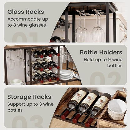 Giantex Bar Cart, 3 Tier Home Serving Cart on Wheels, Glass Racks, 12 Wine Holders, 8 Hooks & Storage Boxes, Industrial Rolling Beverage Cart for Coffee Bar, Kitchen, Dining Room