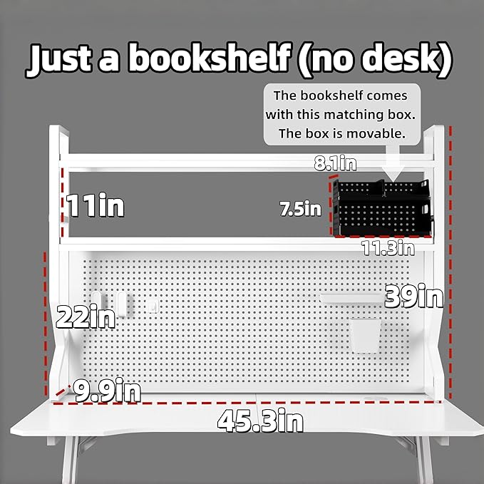 Desktop Hutch Bookshelf,Many Gifts,Metal Desktop Bookcase with pegboard, Desk Shelf White, Countertop Storage Organizer Rack for Dorm or Office,Desktop Shelves(White, 45.3" Lx9.9 Wx39 H)