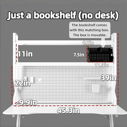 Desktop Hutch Bookshelf,Many Gifts,Metal Desktop Bookcase with pegboard, Desk Shelf White, Countertop Storage Organizer Rack for Dorm or Office,Desktop Shelves(White, 45.3" Lx9.9 Wx39 H)