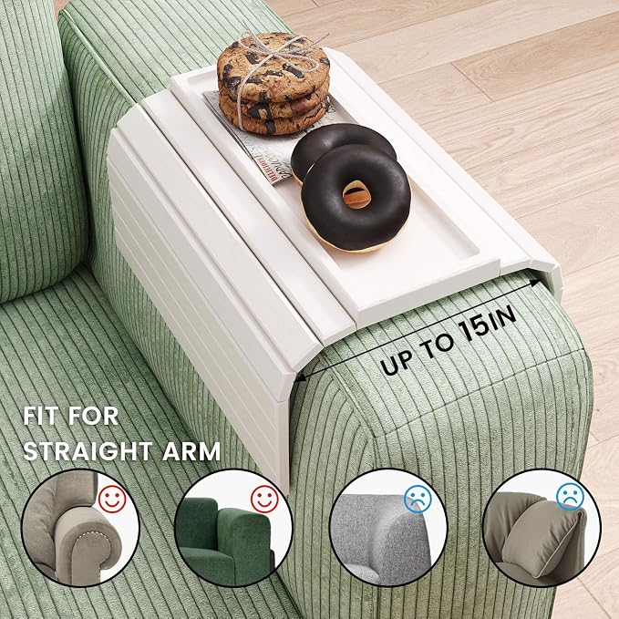 Sofa Arm Tray,Bamboo Folding Couch Arm Tray,Sofa Armrest Trays with Anti-Slip Pad for Drinks,Snacks,Phone,Remote Control（White）