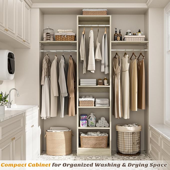 Cyclysio 4FT Small Closet System, 80"H Closet Organizer System with 4 Closets Rods & 3 Shelves, 48" Closets Organizers and Storage for Small Bedrooms, Laundry Rooms, Cloakrooms, White Oak