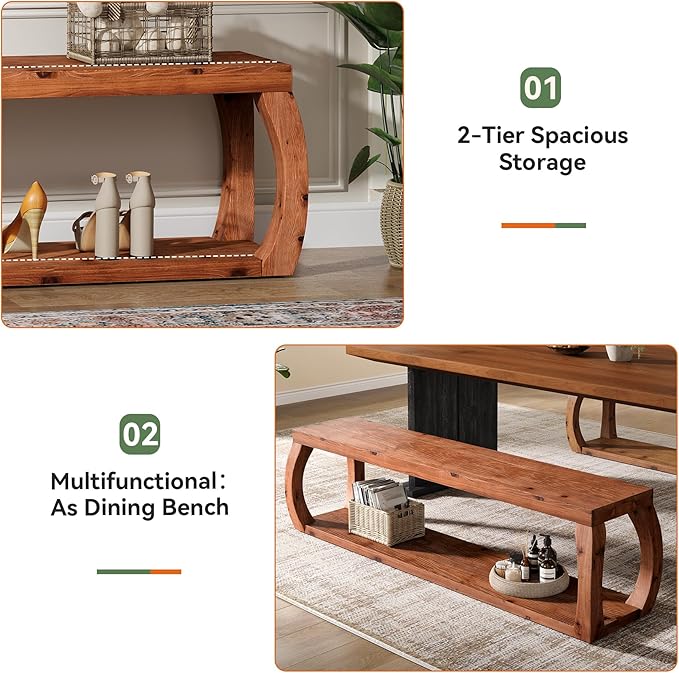 2-Tier Solid Wood Entryway Bench, 59" Long Farmhouse End of Bed Bench with Open Shelves, Rustic Shoe Storage Wooden Seating for Entry, Kitchen, Living Room, Bedroom, Hallway (Rustic Brown)