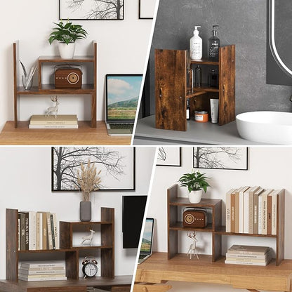 TY ARTS & CULTURE - Expandable Wood Desktop Storage Organizer Multipurpose Desk Bookshelf Display Shelf Rack Counter Top Bookcase for Office Home | Natural Brown