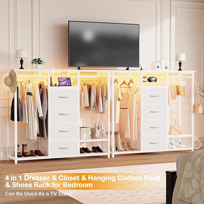 Dresser with Hanging Clothes Rack, 4 Drawers Dresser for Bedroom with LED Lights and Charging Station, Fabric Storage Chest of Drawers for Closet with Clothes Rack Bedroom Kid’s Room, Metal, White