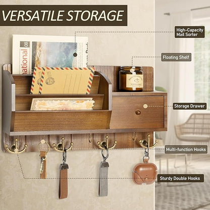 Key Holder Wall Mount with Mail Sorter - Modern Farmhouse Key and Mail Organizer with Hooks and Mini Drawer for Home Decor - Rustic Apartment Essentials for Home Improvement (Brown & Golden Hooks)
